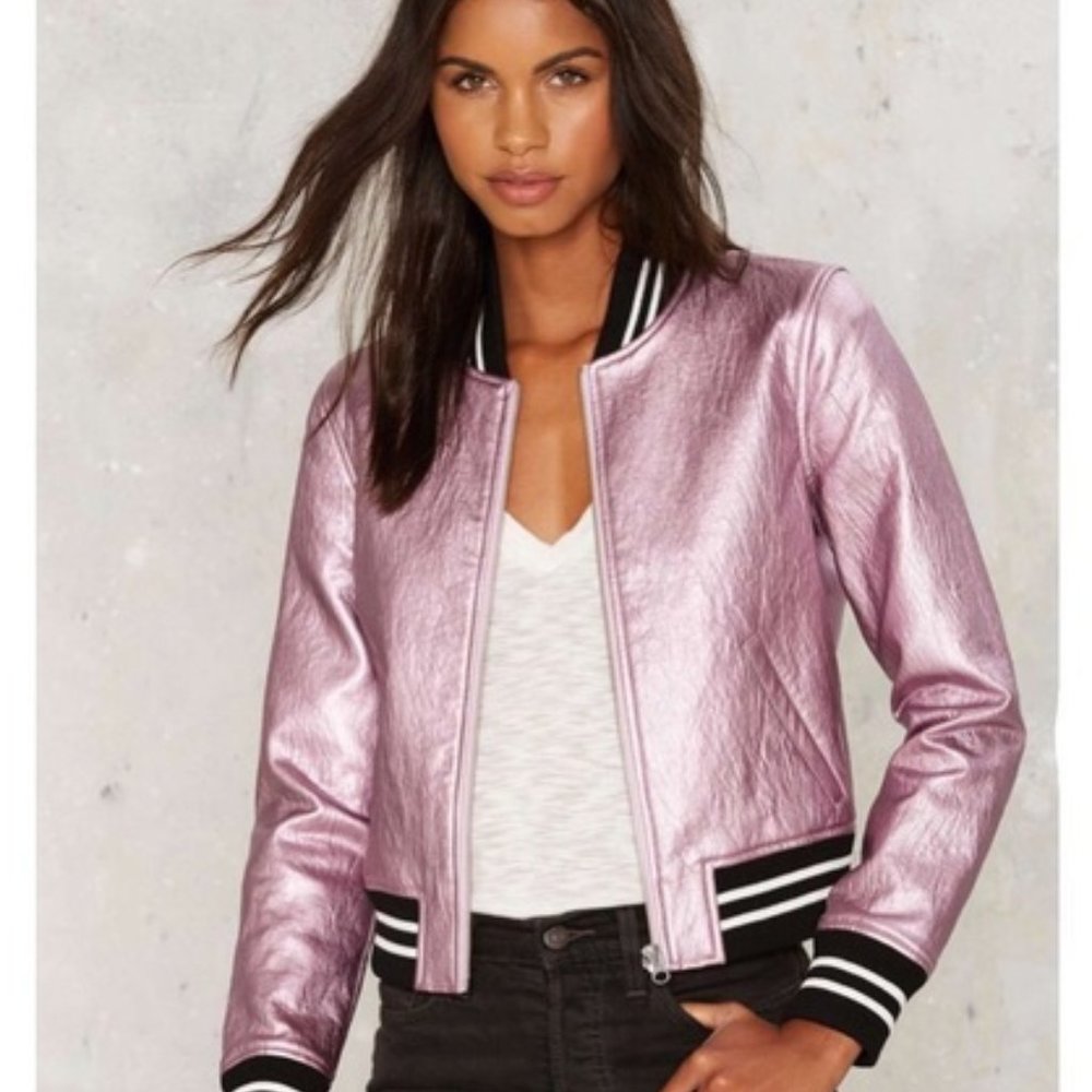 Nasty Gal Pink Shimmer Steel Your Heart Bomber Jacket
